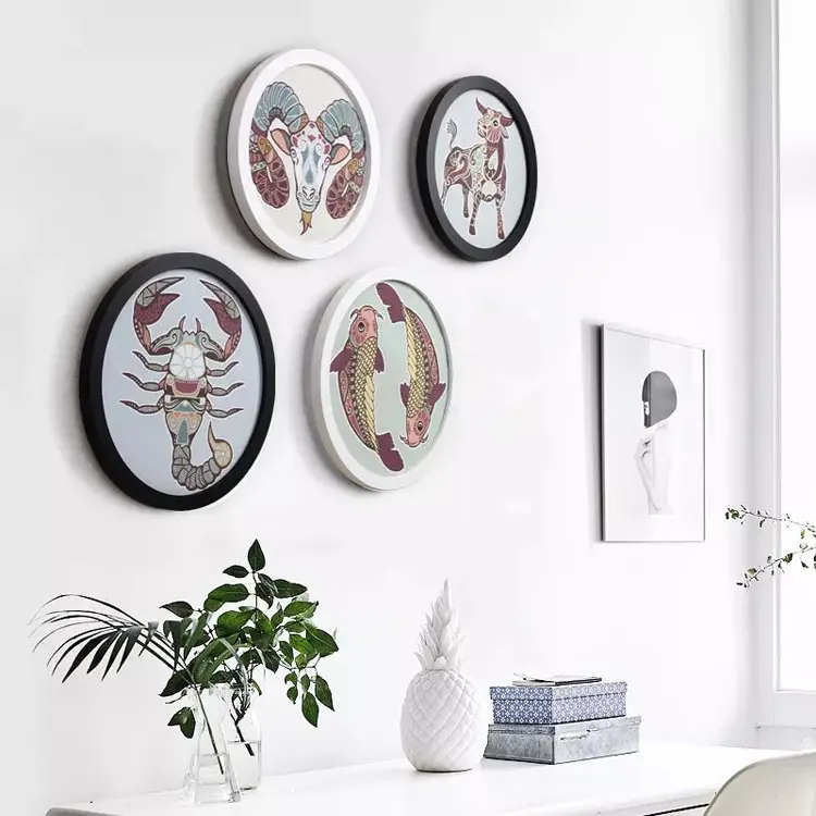 Marco de fotos redondo para decoración del hogar, póster personalizado de madera colgante de pared Simple, venta al por mayor