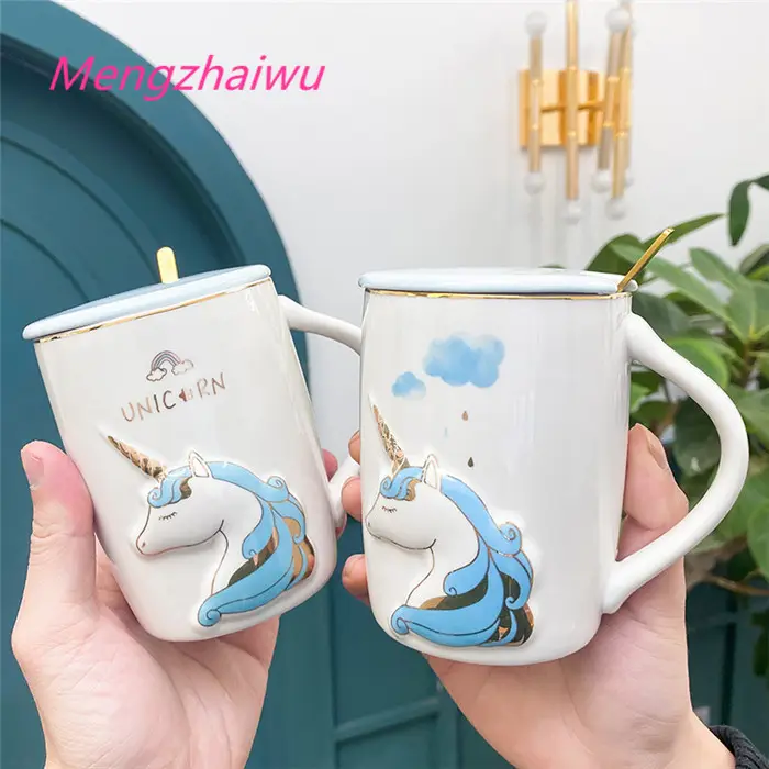 No stock nuovo moda uso quotidiano del prodotto in india creativo goffrato unicorno tazza da tè in ceramica porcellana con coperchio a specchio