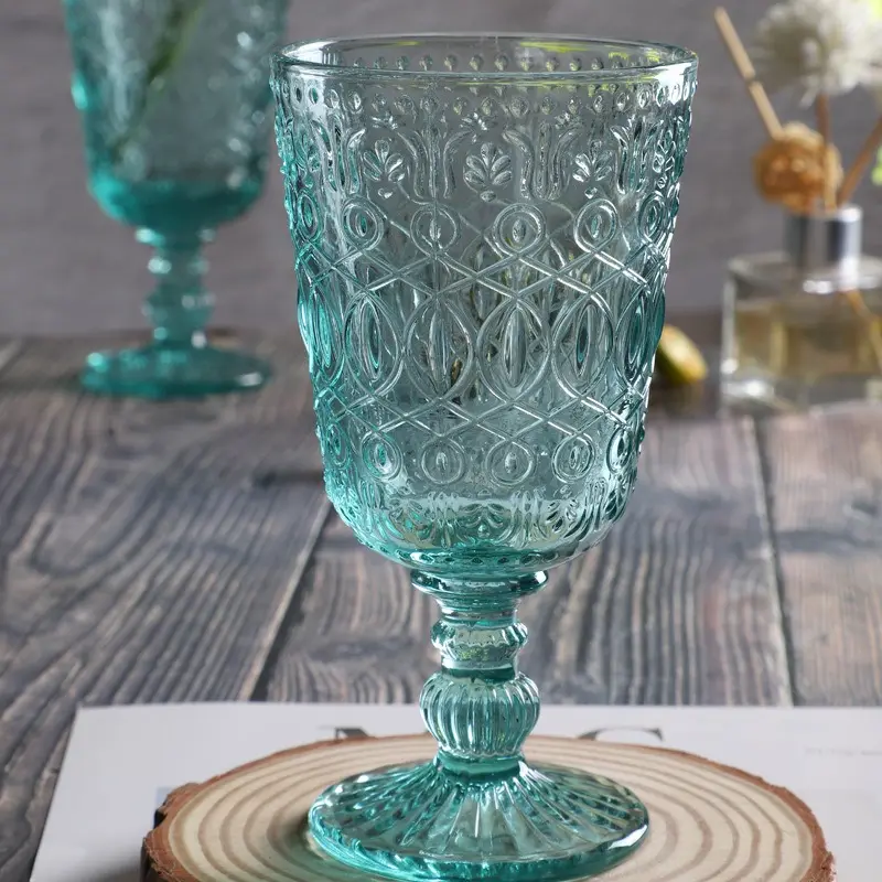Vintage Colored Beverage Stemmed Glass Cups Embossed Design Glassware Glass Wine Goblet for Water Juice Wine