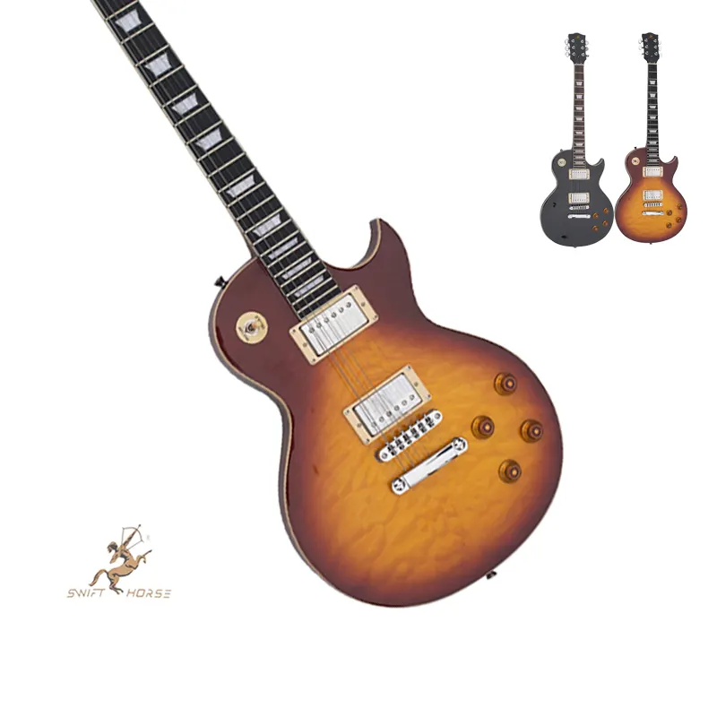 Guitarra eléctrica estilo LP de marca personalizada OEM al por mayor, guitarra de 6 cuerdas, fabricante de guitarra superior de arce flameado, instrumento de cuerda