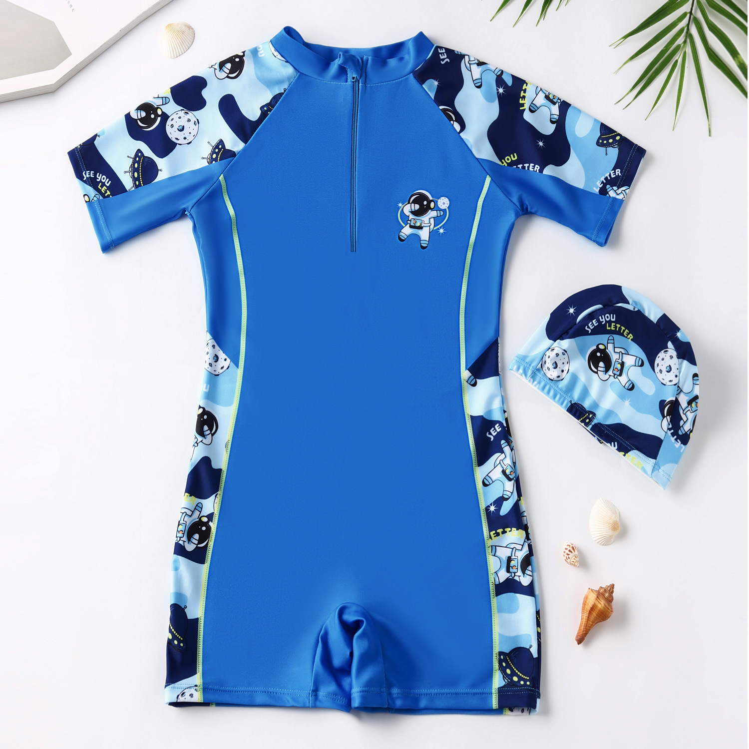 Combinaison de bain astronaute bleu ciel (maillot de bain + bonnet de bain)