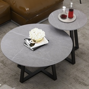 Juego de 2 mesas redondas de anidación nórdica, mesa de centro con patrón de mármol, sala de estar laterales para, balcón y patio - Product Image 3