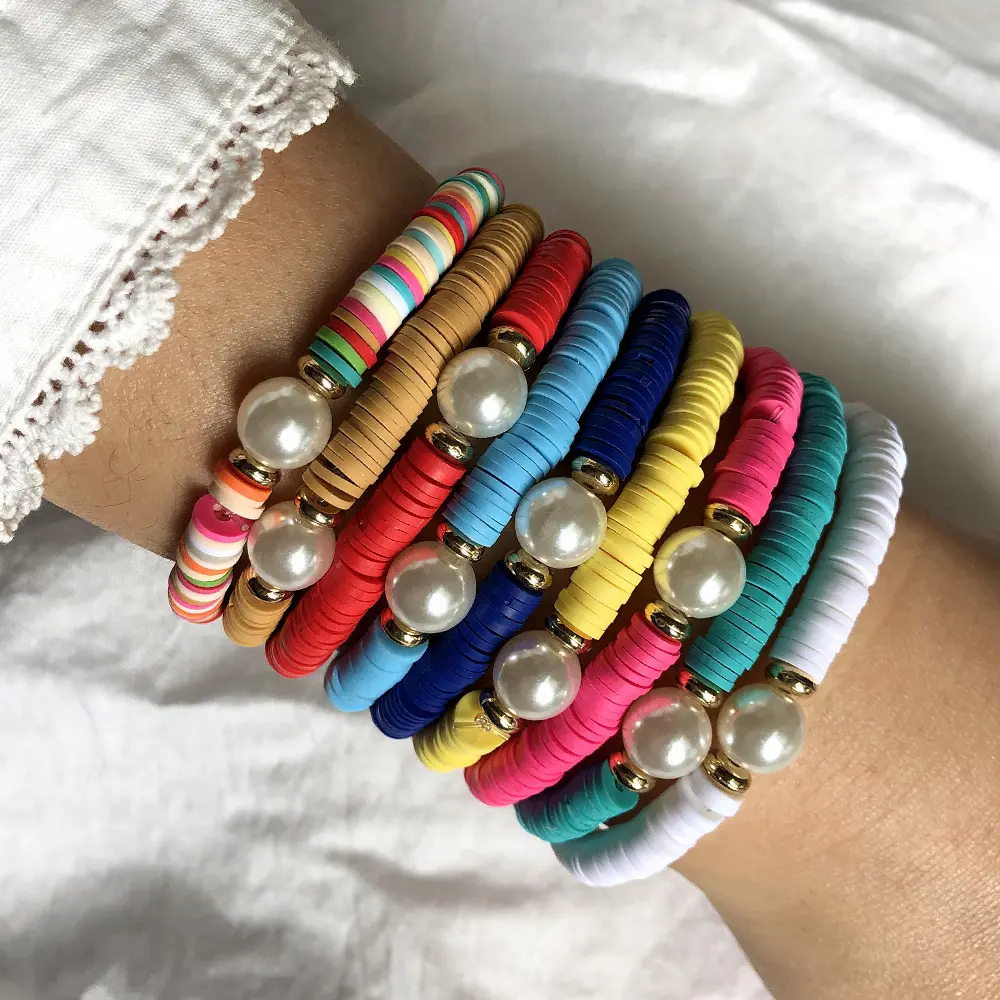 Bracelet de perles d'eau douce colorées d'été, disque d'argile polymère