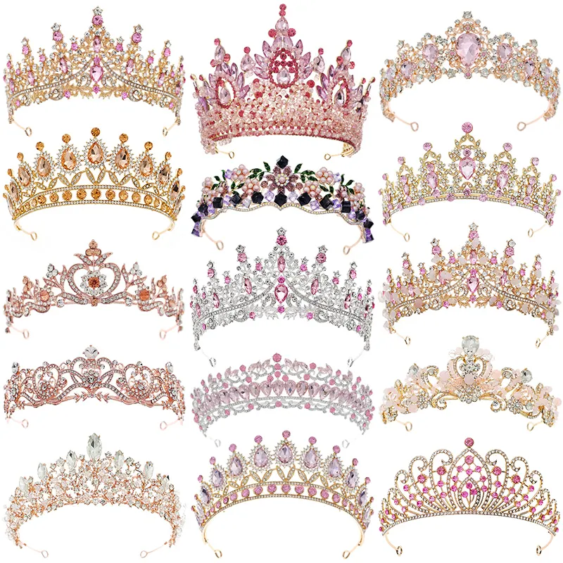 Crown e tiara de princesa rosa de cristal de strass para concurso de rainha Miss Mundo, feito à mão personalizado, ideal para beleza