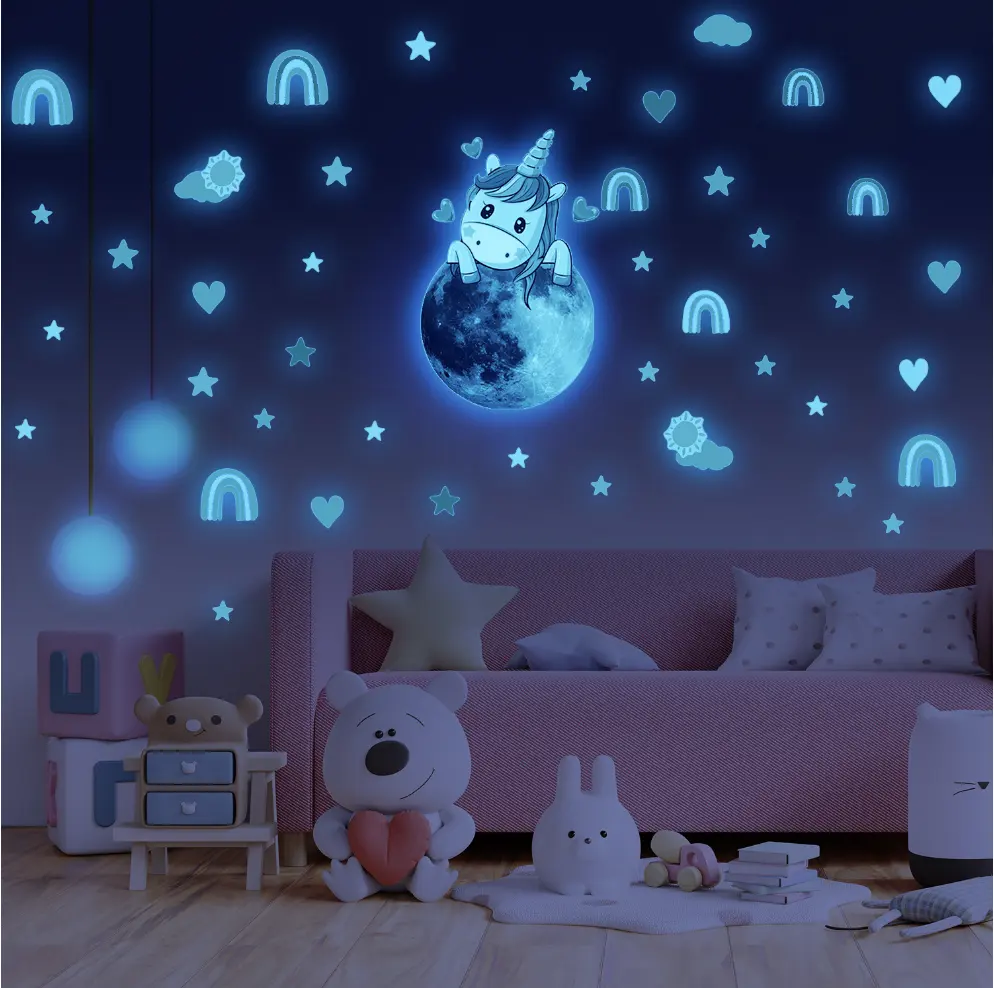 Minuscule mignon lumineux Stickers muraux licorne Animal univers étoile lueur dans le noir Stickers muraux pour chambre d'enfants bébé pépinière décor à la maison
