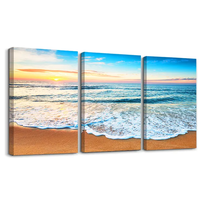 Bức tranh cảnh biển in bãi biển trên vải 3 Tấm Biển Xanh Hoàng Hôn trắng in kỹ thuật số hiện đại 1 bộ 8 màu tùy chỉnh được chấp nhận