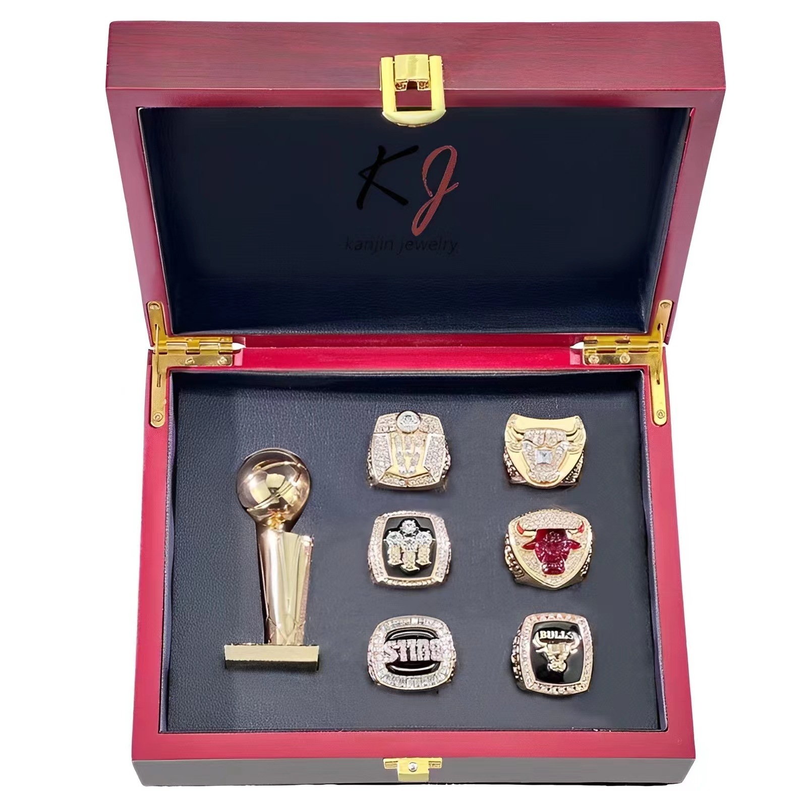 Red box & 6 rings with trophy