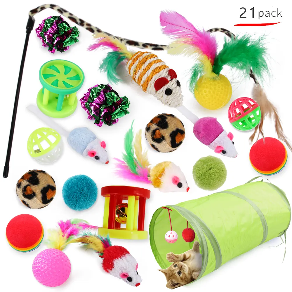 Cat Toy Set 21 Pack Interactive Self Playing Feather Stick Funny Cat Plush Mouse Toys Pet Chew Ball Toy