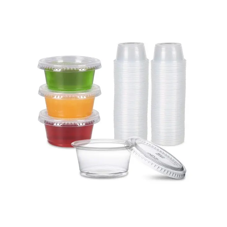 0,75 oz 1oz 2oz 3,25 oz 4oz 5,5 oz condimento desechable pudín recipientes pequeños de plástico taza de salsa de porción con tapas