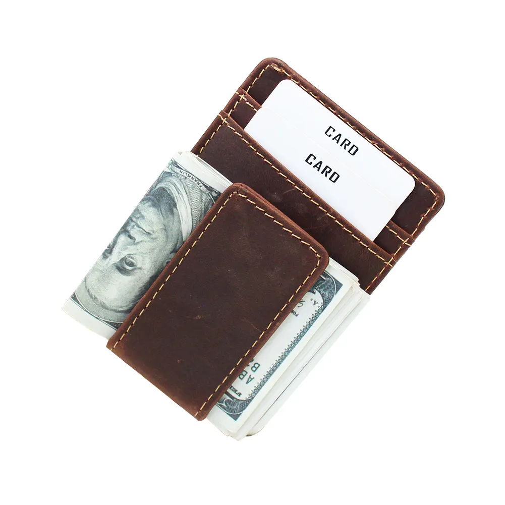 Vintage Cowhide Crazy Horse Leather RFID Blocking Magnetic Money Clip Minimalist Slim Men Leather Wallet