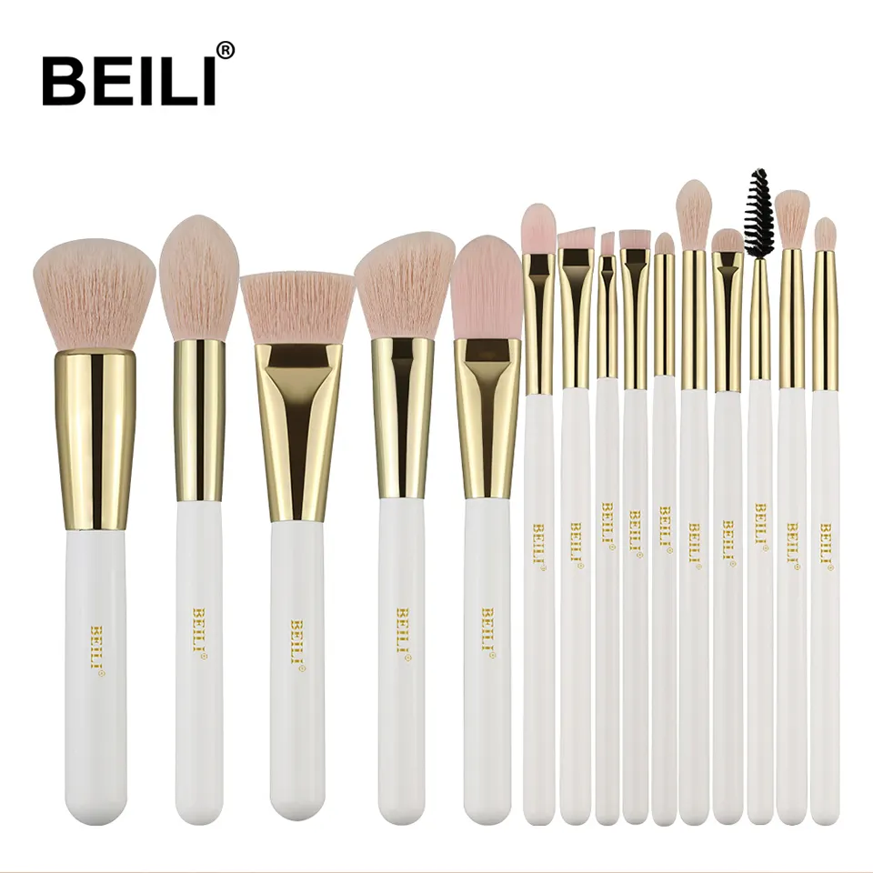 Beili-Juego de brochas de maquillaje para mujer, kit de 15 brochas de maquillaje profesionales rellenables, color blanco y rosa, tamaño de viaje