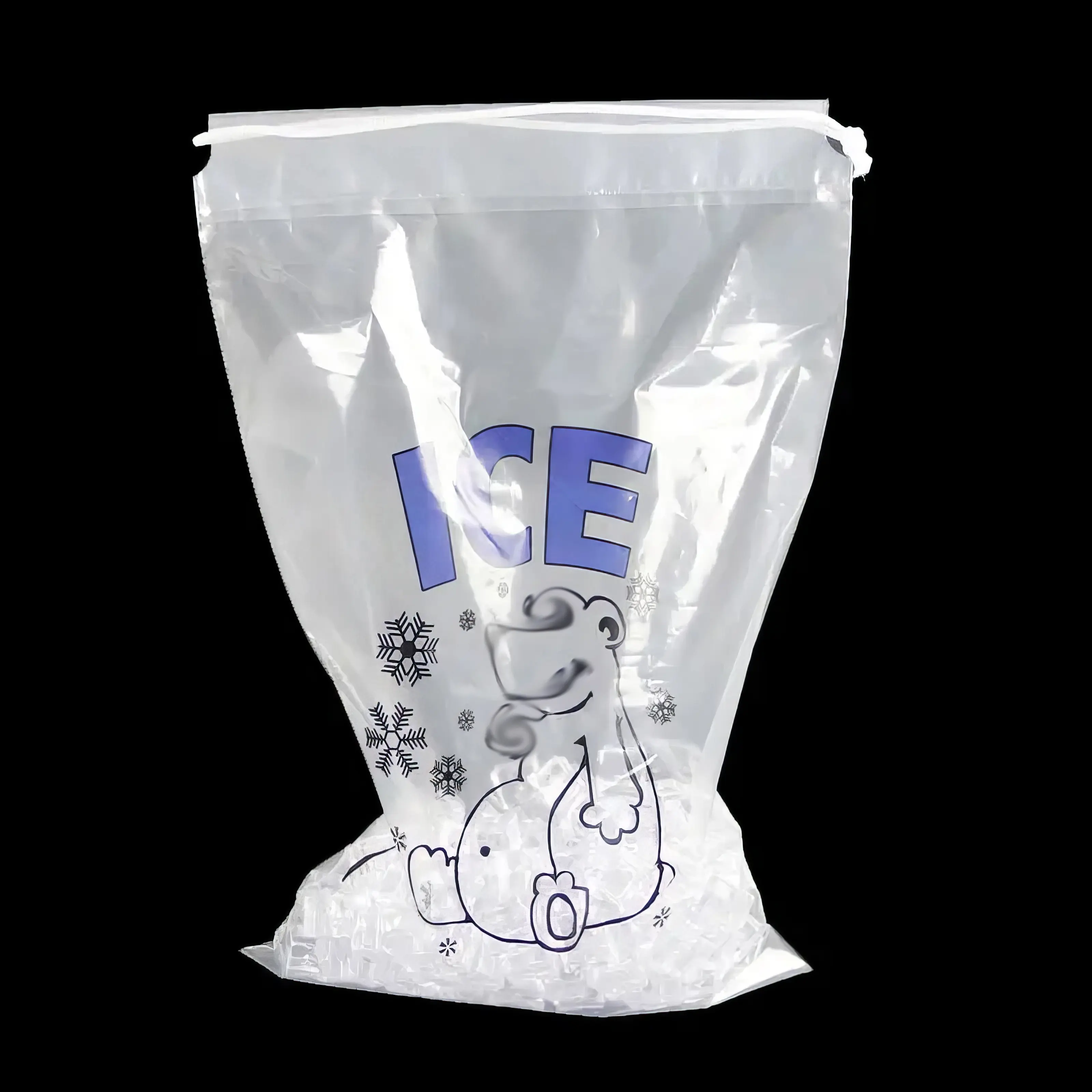 Bolsa de embalaje de almacenamiento de hielo de plástico Ldpe de 10lb 25LB transparente con estampado personalizado biodegradable desechable reutilizable al por mayor con cordón