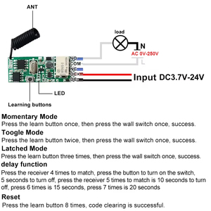 Telecomando universale senza fili 1 CH RF relè ricevitore LED Controller luce DIY Kit DC 3.7V 5V 12V 24V 433.92MHz - Product Image 6