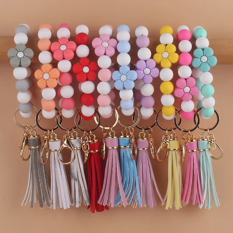 Silicone Key chains Wristlet Valentine's Day Gifts Cute Pink Charm Bracelet with Tassel Keyring Silicone Beads Wristlet Keychain