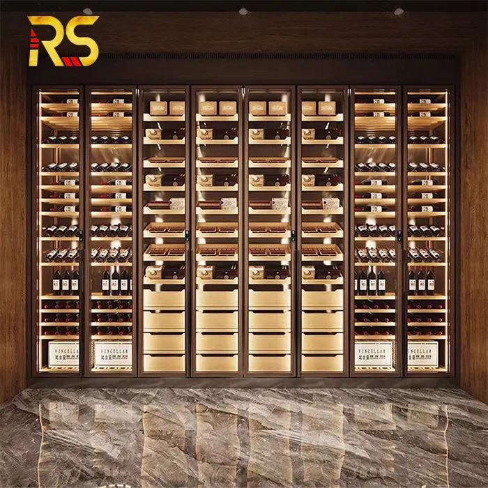 Rack de vinho personalizado em aço inoxidável, design sofisticado, temperatura constante, adega, sala de estar, bar, armário de vinho