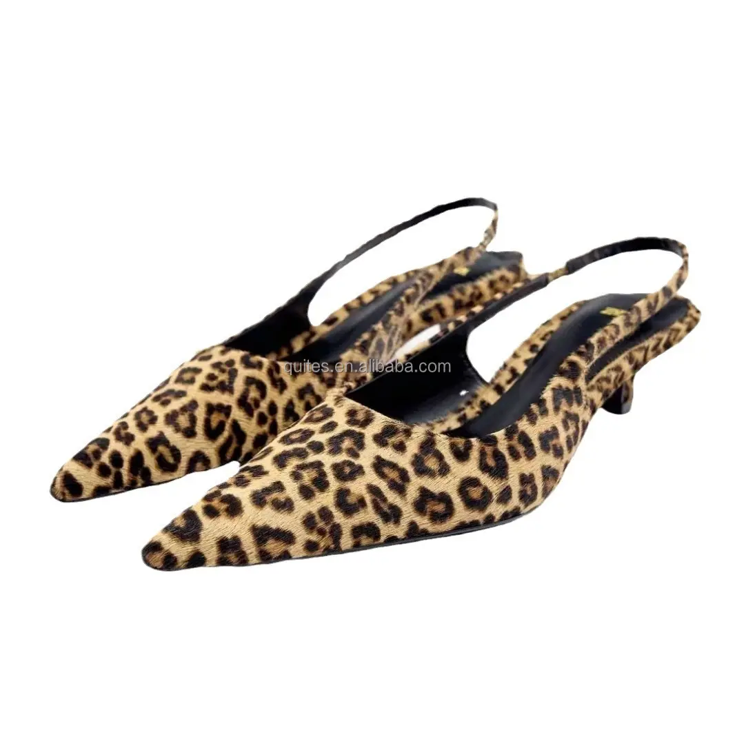 QuiteS New Women's Shoes Leopard Animal Print Slingshot Low Heels Gold Metal Leather Pointed Short Heels Lady Shoe