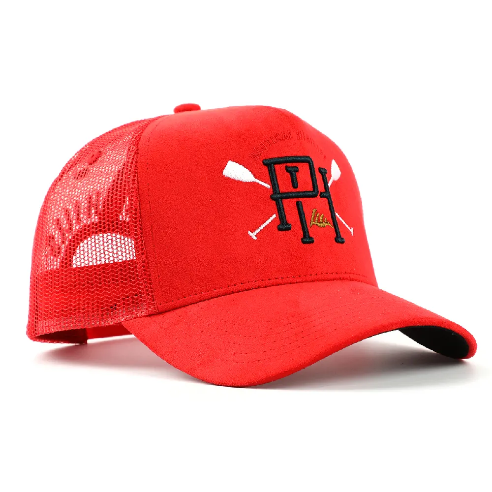 Özel yapılmış Meidiney marka 5 paneli kırmızı süet 3D puf nakış logosu örgü geri kamyon şoförü şapka Caps