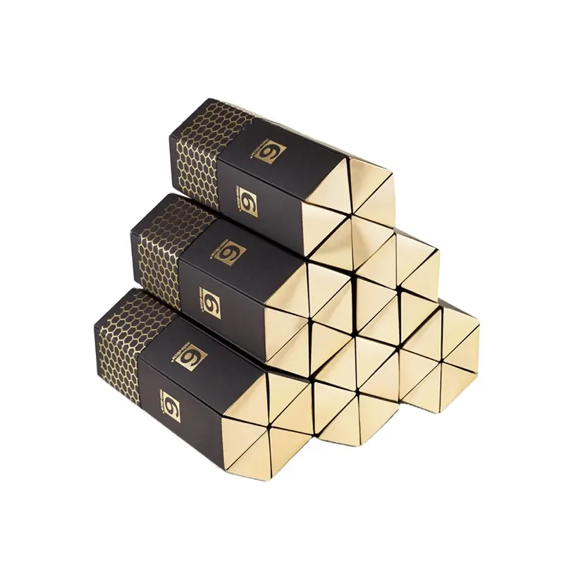 Cajas de papel kraft personalizadas, cajas de embalaje de abeja de miel, de lujo, hexagonales dorados, triangulares, color negro