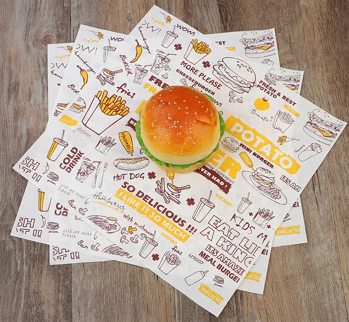 ロゴ印刷付きカスタムバーガーラップ紙、生分解性食品ワックス紙シート、安価な食品包装紙包装