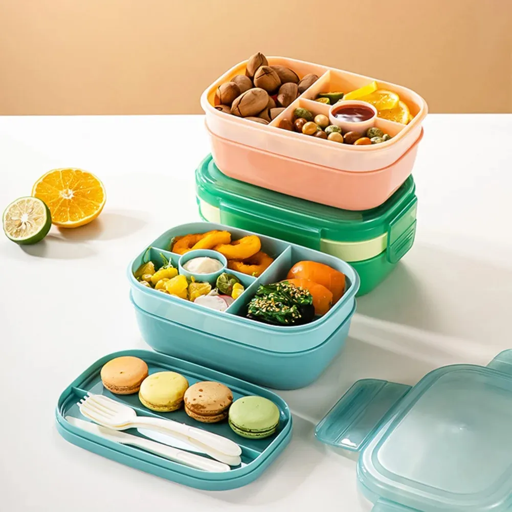 Portable Bento Box Microwave Lunch Box 3 Layers All-in-One LunchBox Containers with Cutlery Set Multiple Grid for Adults & Kids