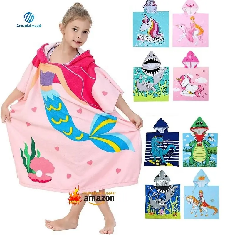 Hochwertige benutzer definierte Cartoon-Druck Mikro faser Polyester Kinder Kinder Surf Baby Hooded Beach Poncho Handtuch