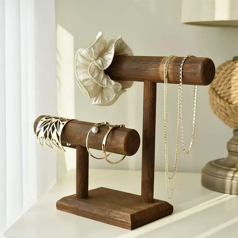 Pulsera de joyería de madera de 2 niveles, reloj de exhibición, torre, brazalete, collar, soporte de almacenamiento