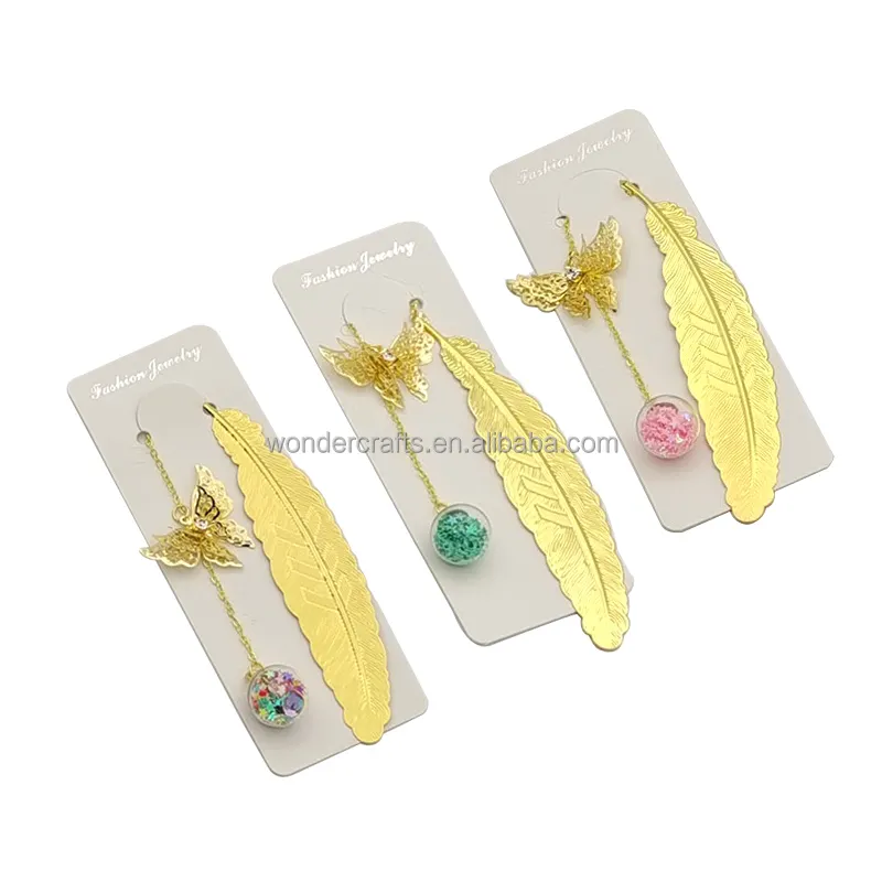 WD Custom nuovo oro farfalla nappa catena in metallo piuma segnalibro con pentagramma ciondolo in vetro