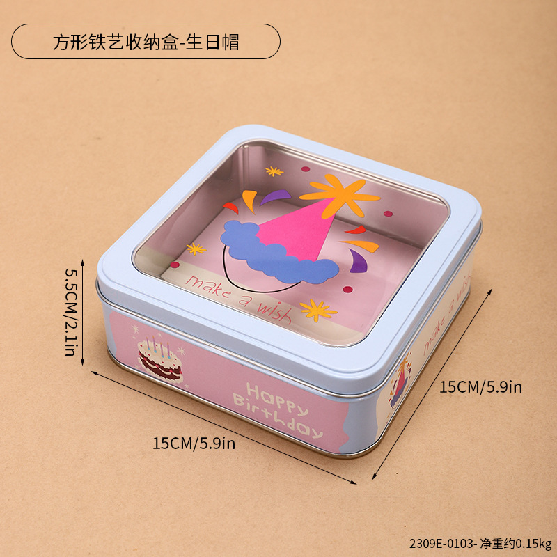 2309E-0103--Caja de almacenamiento de hierro cuadrada - Sombrero de cumpleaños
