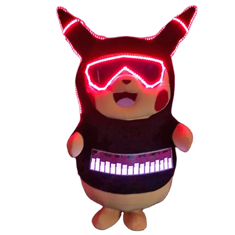 Properti Parade LED Kostum Maskot Pikachu Menyala Dalam Gelap Kendali Suara Pakaian Dewasa Promosi Kampanye Iklan Pertunjukkan Pakaian Bercahaya