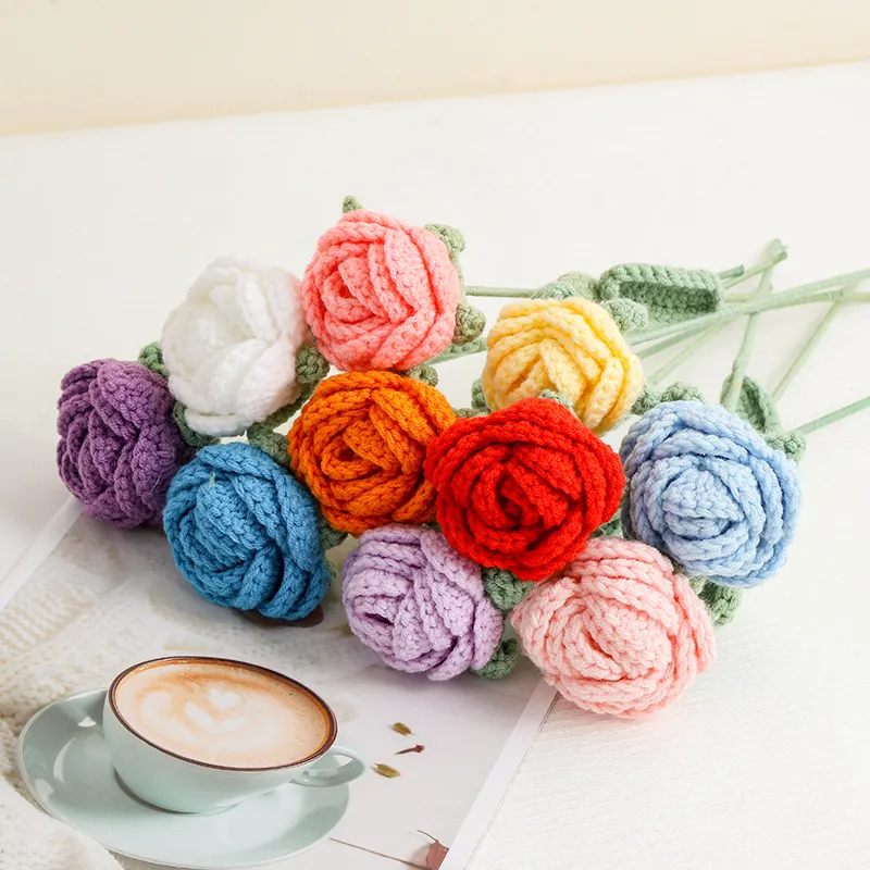High Quality Handmade Rope Braided Wool Rose Flower Single Artificial Crochet for Indoor Home Decoration for Valentine's Day