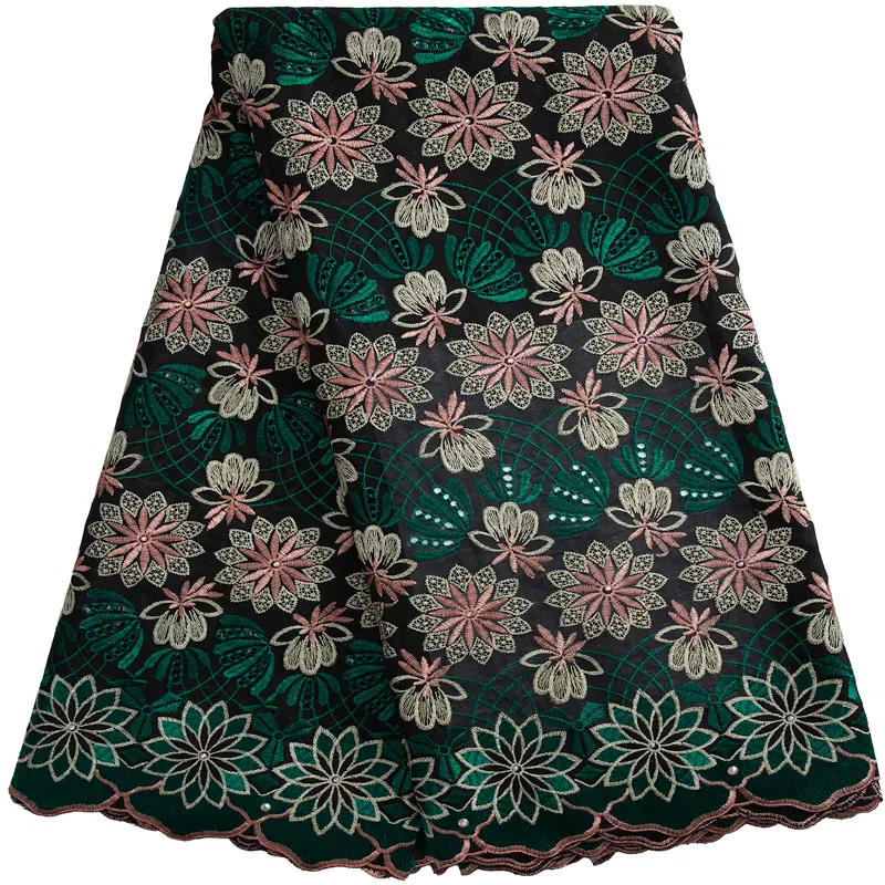 Tela de encaje de gasa africana para vestidos de fiesta, tejido de algodón de lujo suizo de alta calidad, verde oscuro, suave, con diamantes de imitación, 3253