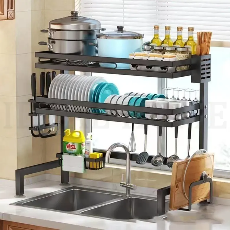 Sopra il lavandino stendino per piatti (altezza e lunghezza espandibile) grande scolapiatti in acciaio inossidabile a 2 livelli per cucina