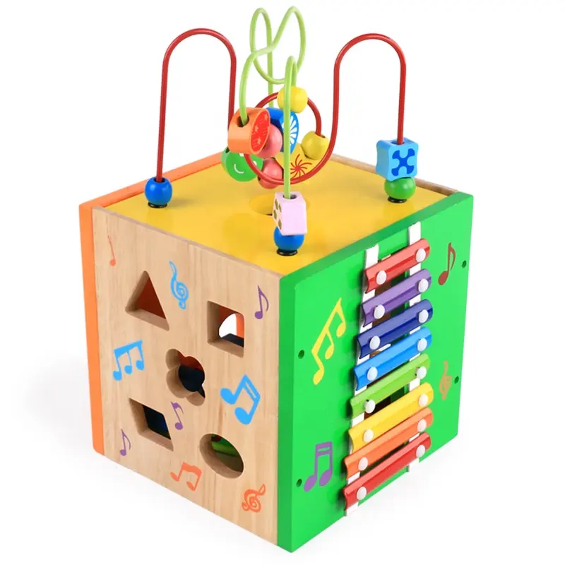 กล่องไม้อเนกประสงค์ในร่มสำหรับเด็ก,ของเล่นเขาวงกตลูกปัดทรงลูกบาศก์รูปทรงเรขาคณิตกล่องไม้สมบัติ