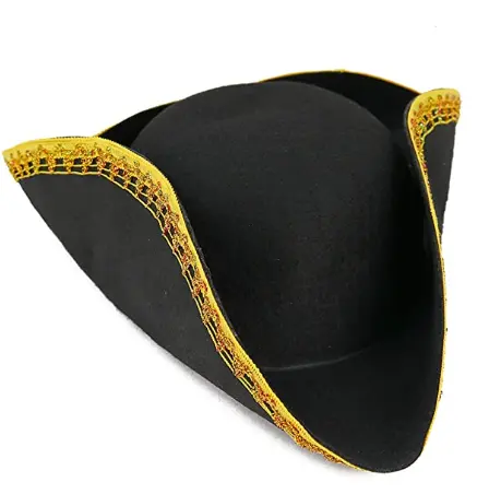 Chapéu tricorn preto-chapéu de luxo tricorner com guarnição dourada chapéu de pirata