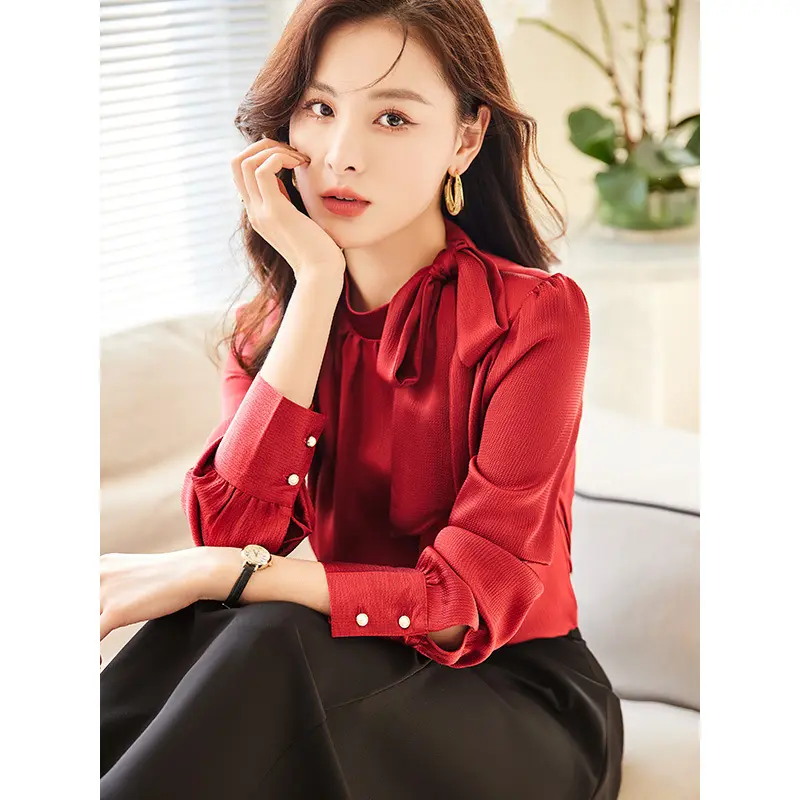 Camisa de negocios de manga larga roja de talla grande para mujer, vestido de primavera 2022, nuevo estilo de moda, blusa, diseño, Top con lazo