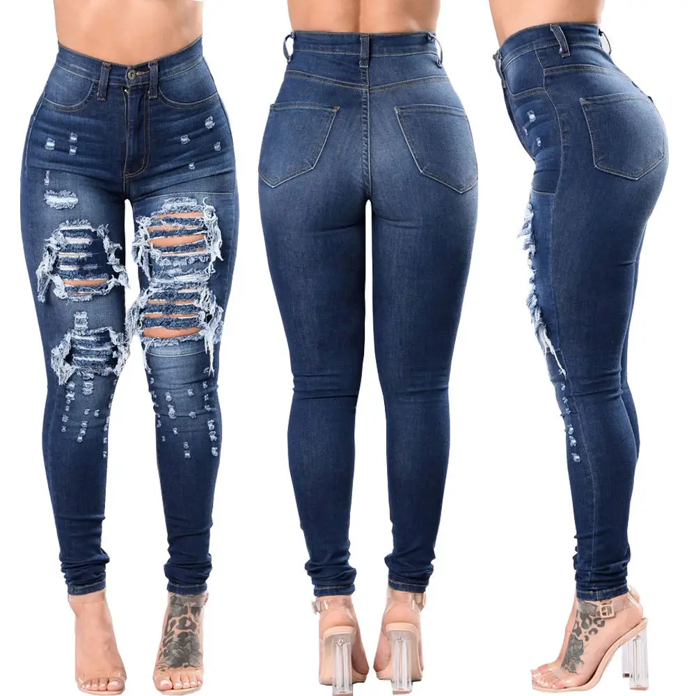 Jeans sobek lurus wanita, Jeans Denim tertekan gaya pensil kurus, ramping ukuran besar modis desain baru