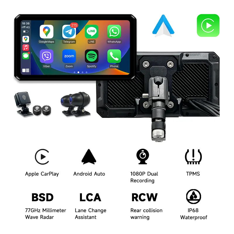 AlienRider M2 Pro motocicleta CarPlay navegación Android Auto Dash Cam grabación Dual 6 pulgadas pantalla táctil 77G Radar milimétrico