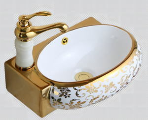 Sang trọng gốm phòng tắm bồn rửa Countertop sang trọng Electroplated Vàng rửa nghệ thuật lưu vực với vòi nước mạ Vàng thủy tinh Vanity lưu vực hiện đại - Product Image 4