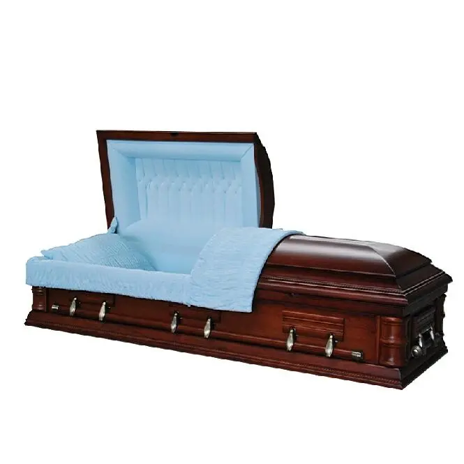 Ataúd de álamo sólido, productos funerarios de marca china, ataúd de recuerdo de muebles con terciopelo azul