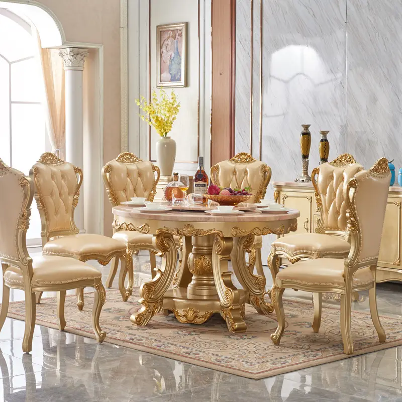 Klasik lüks ahşap ev mobilya yemek masası seti yemek odası mobilyası avrupa katı ahşap mermer masa restoran masa setleri