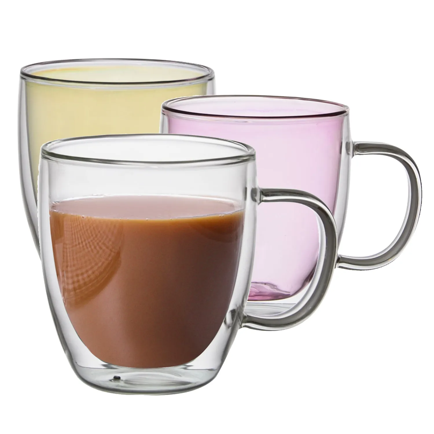 Vasos aislados de color borosilicato tazas de vidrio de leche de té 16oz taza de café de vidrio de doble pared con asa