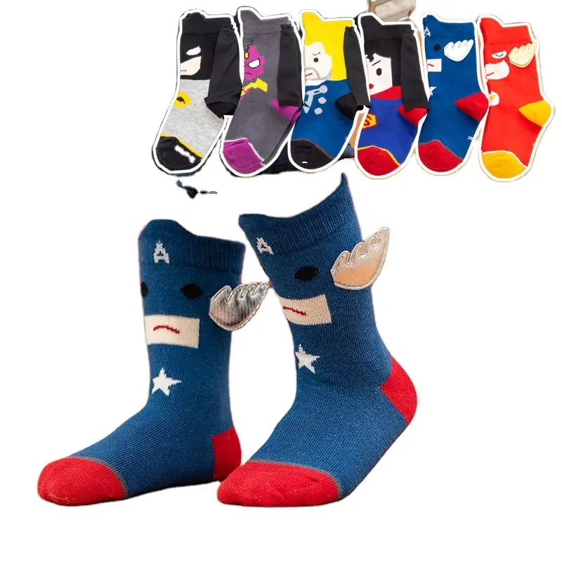 Wholesale customized 1-9 year old children cotton socks cartoon hero children socks cute 3D wings chaussette bebe