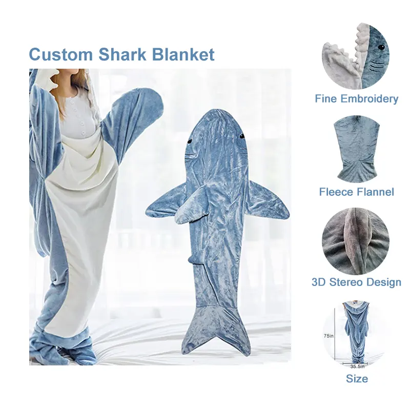 مخصص بطانية ذيل القرش للكبار بدلة دافئة ملابس نوم من القطيفة الناعمة زي الشتاء بطانية بغطاء رأس لأسماك القرش