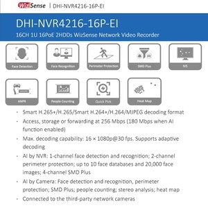 Dahua 16CH 1U 2HDDs WizSense Network Video Recorder 256 Mbps ancho de banda Detección de reconocimiento facial alhua NVR 16 canales con PoE
