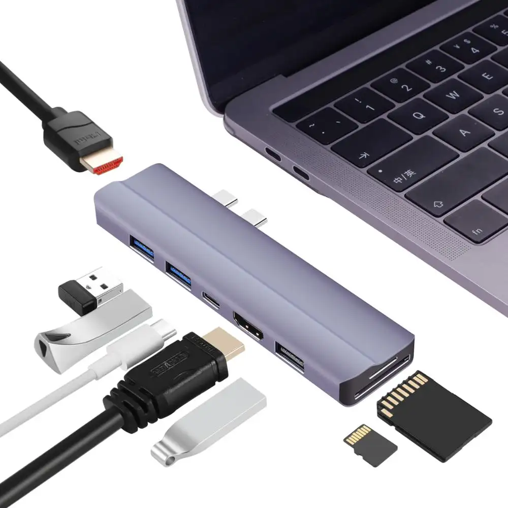 8 In 2 Type C Hub Dual 4K Naar 2 Hd Mi Pd + Sd/Tf Kaartlezer Usb 3.0*2 Usb 2.0 Hub