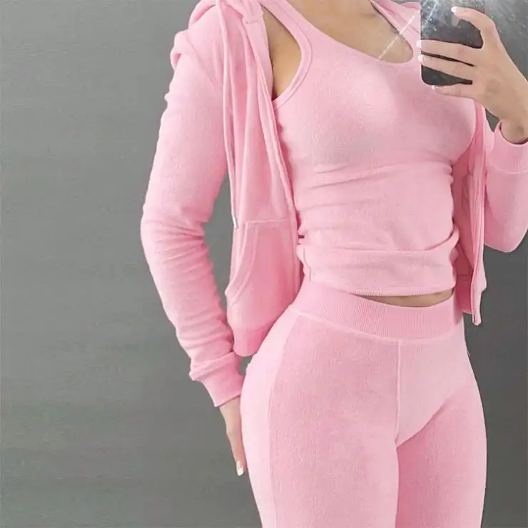 Aan Xxl Vrouwen 3 Stuks Sets In Gebreide Hoodie Met Ritssluiting Van Zachte Stof En Zakken Joggingvest Tanktop Bijpassende Sets