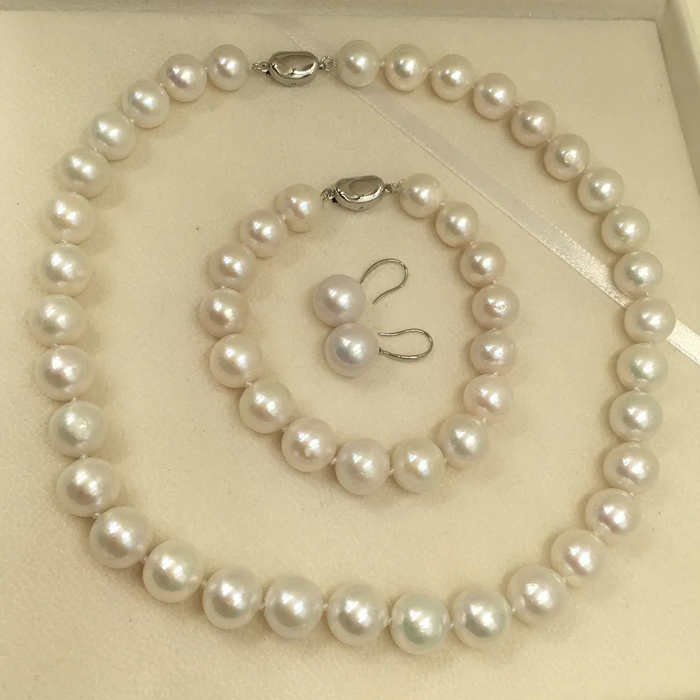 Set di gioielli di perle naturali di buona qualità, bracciale con collana da 16 pollici e orecchino in argento 925, gioielli di perle d'acqua dolce rotonde da 9-11mm