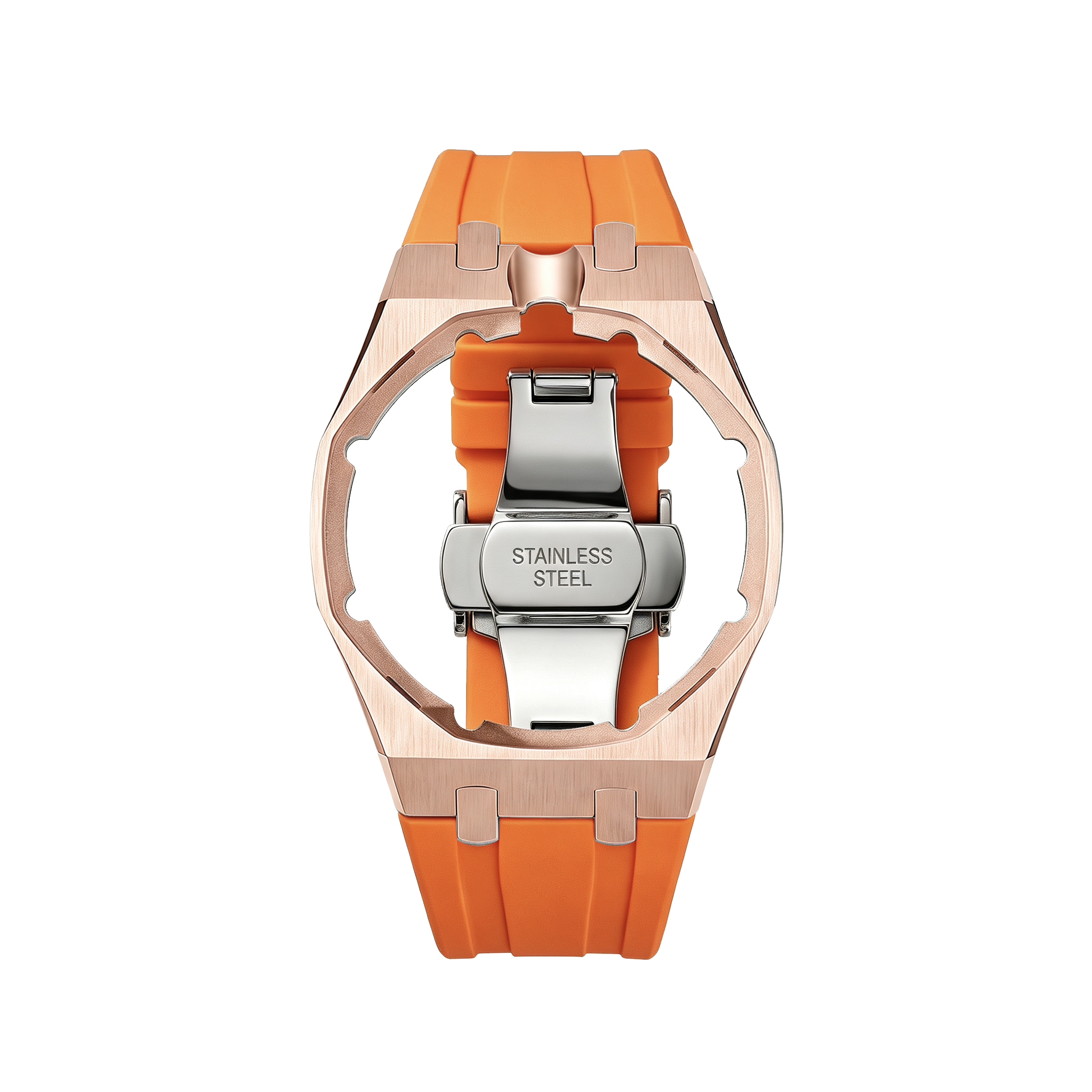 Boîtier en acier inoxydable or rose + bracelet en silicone orange