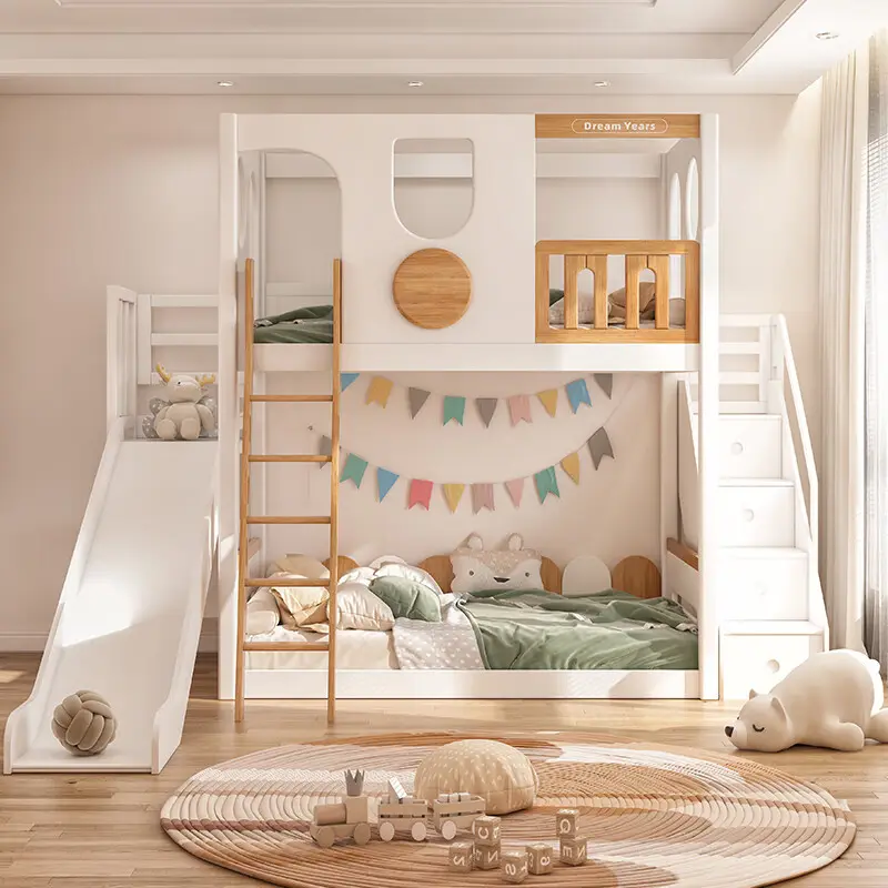 Mobiliário de madeira direta, cama de madeira sólida com escadas/escada, cama de cofre para adultos/crianças