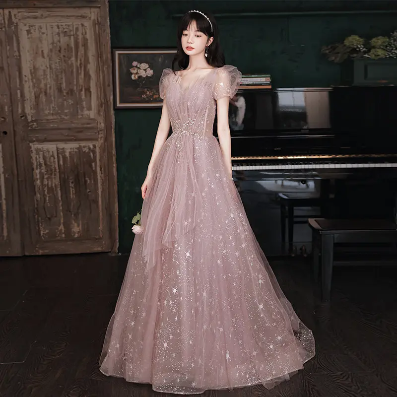 Váy dạ hội nữ 2023 mới Tiệc Thanh Lịch khí chất khí quyển thử nghiệm nghệ thuật giọng hát dài màu hồng